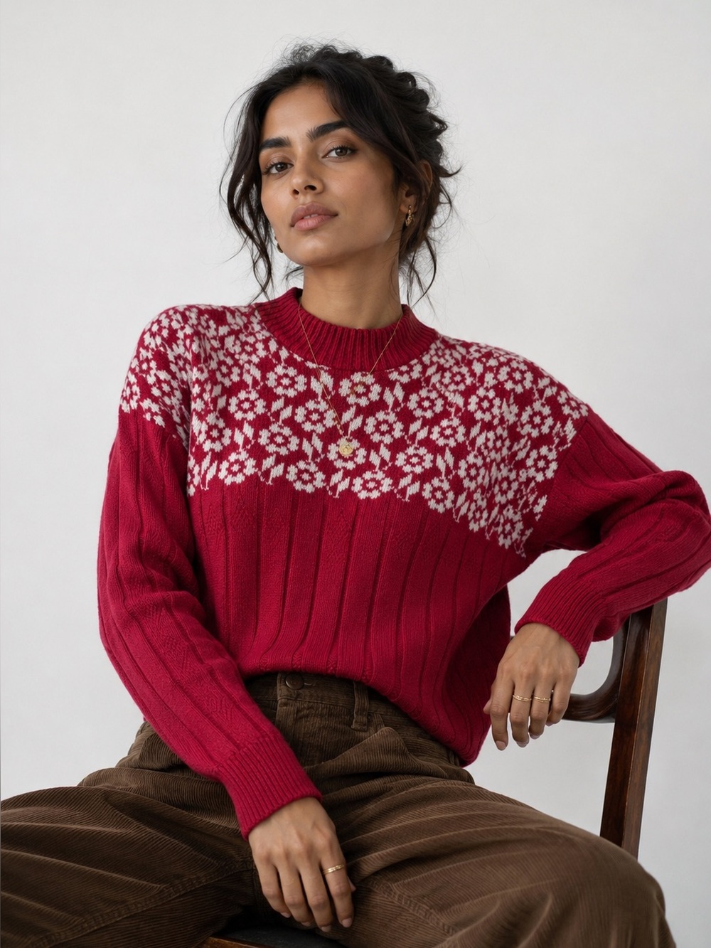 Vintage 90s Red Floral Knit Sweater Made in USA